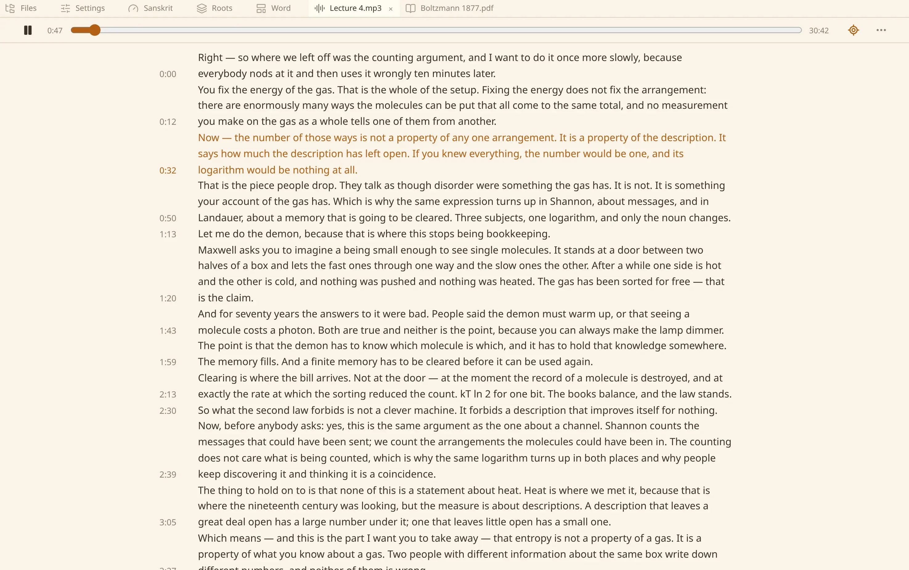 The numen window: a lecture playing, with its transcript under the player and the line being said drawn in the accent.