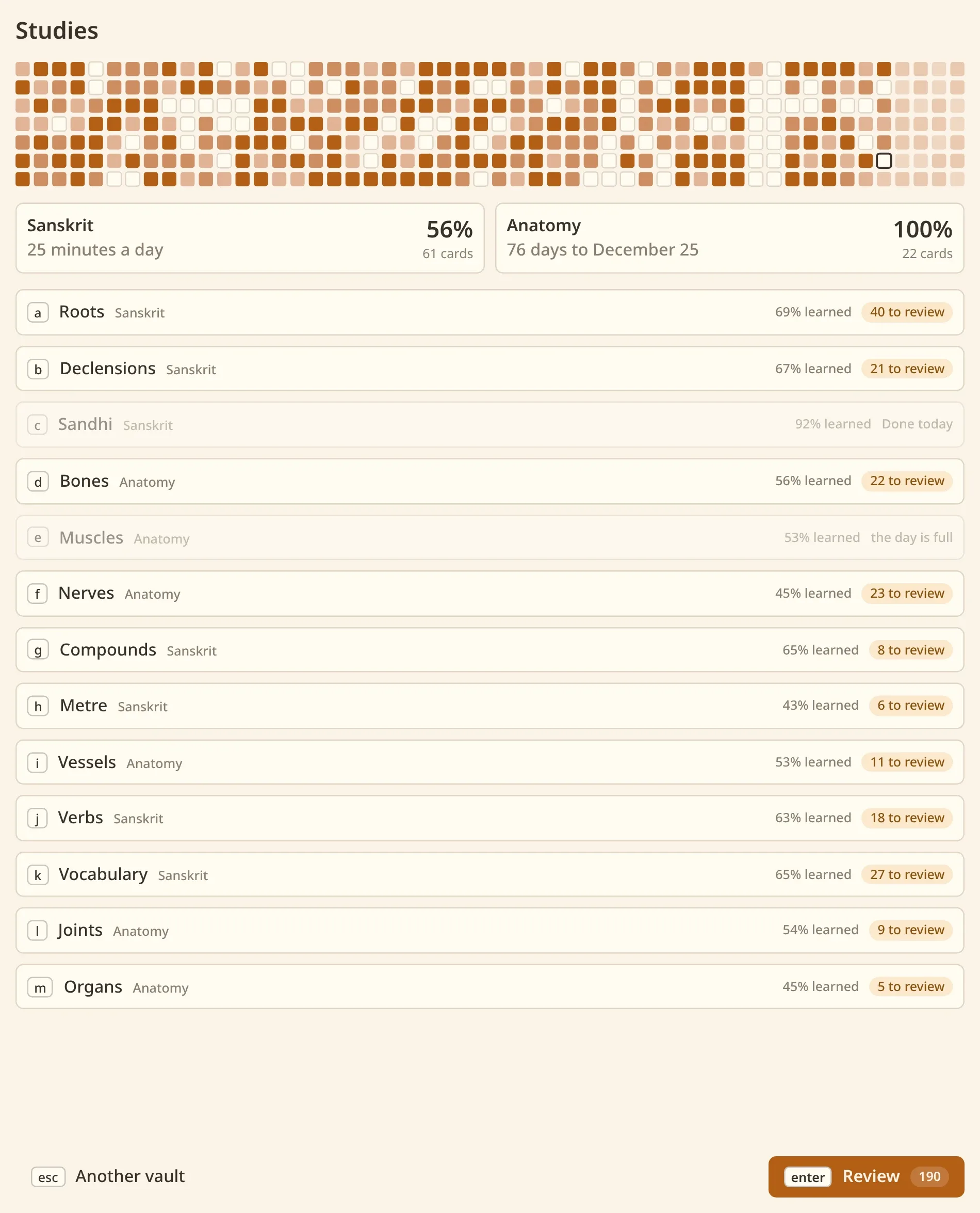 The flashcards window: a year of answering as a grid of weeks, the goals of the vault, and the decks with what each owes today.