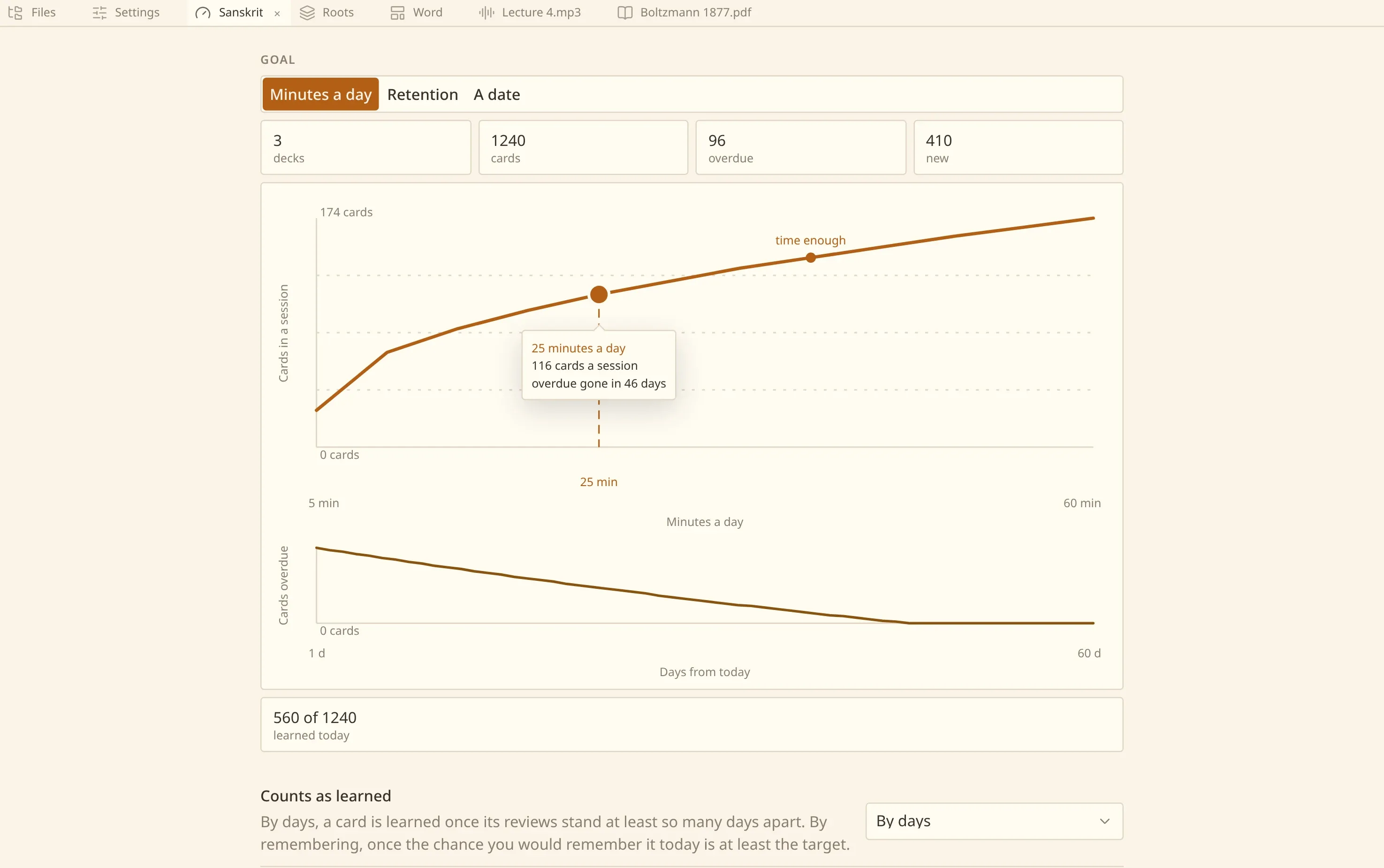 The numen window: a preset, with the curve of its goal and the settings it schedules by under it.