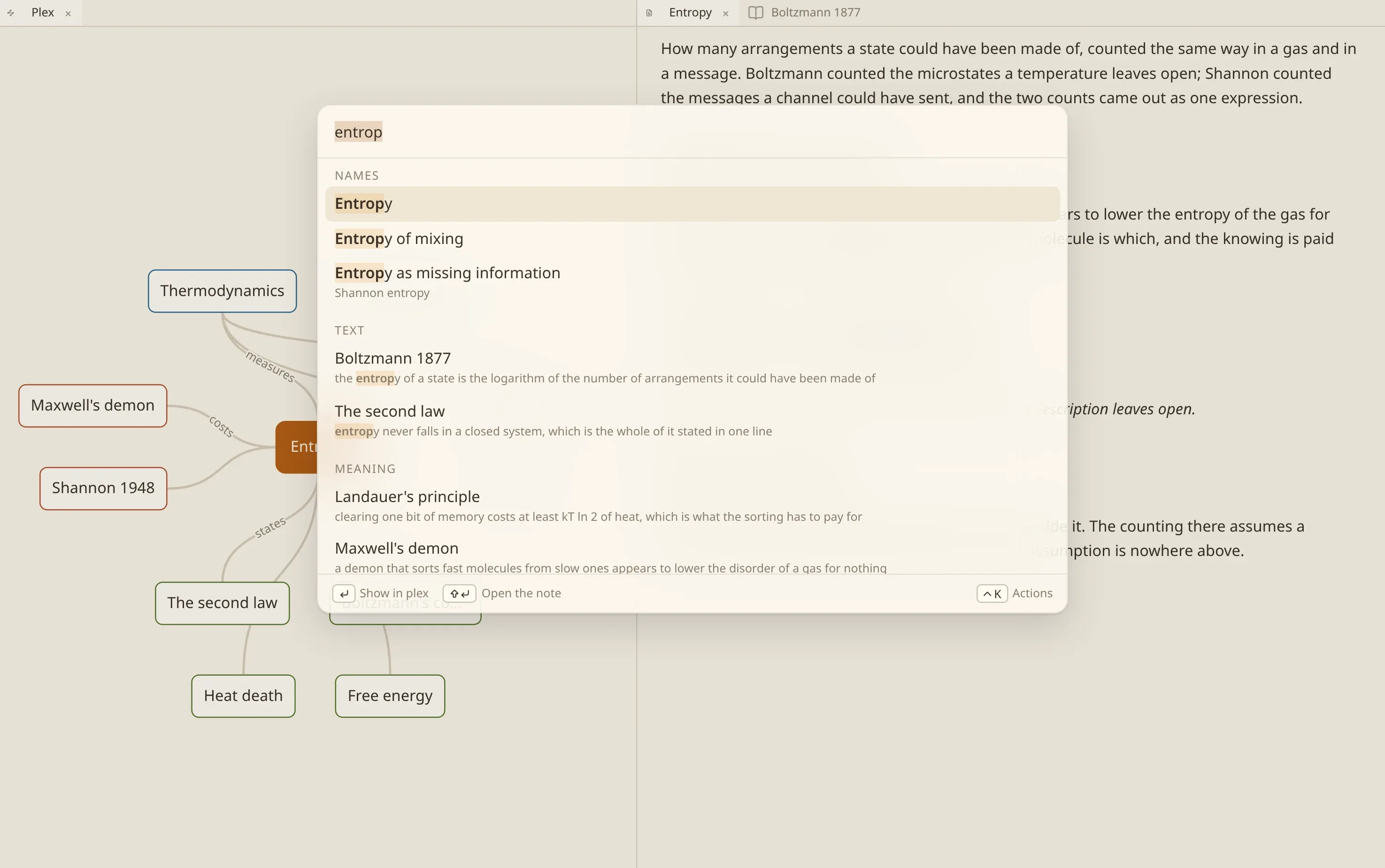 The numen window with the search field open over it, showing matching notes and the lines inside them.